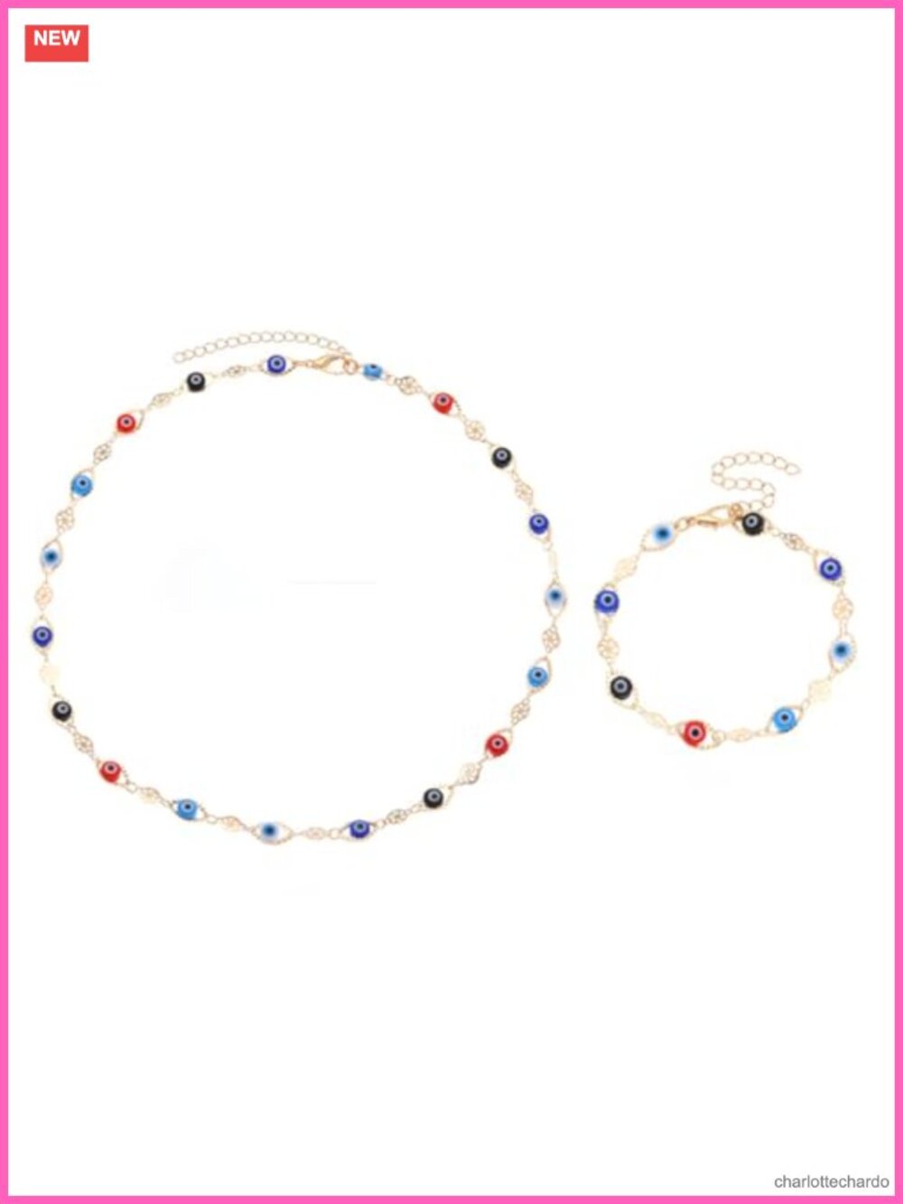 Evil Eye Jewelry Set Link Chain Necklace Bracelet Alloy Enamel Good Luck Gift